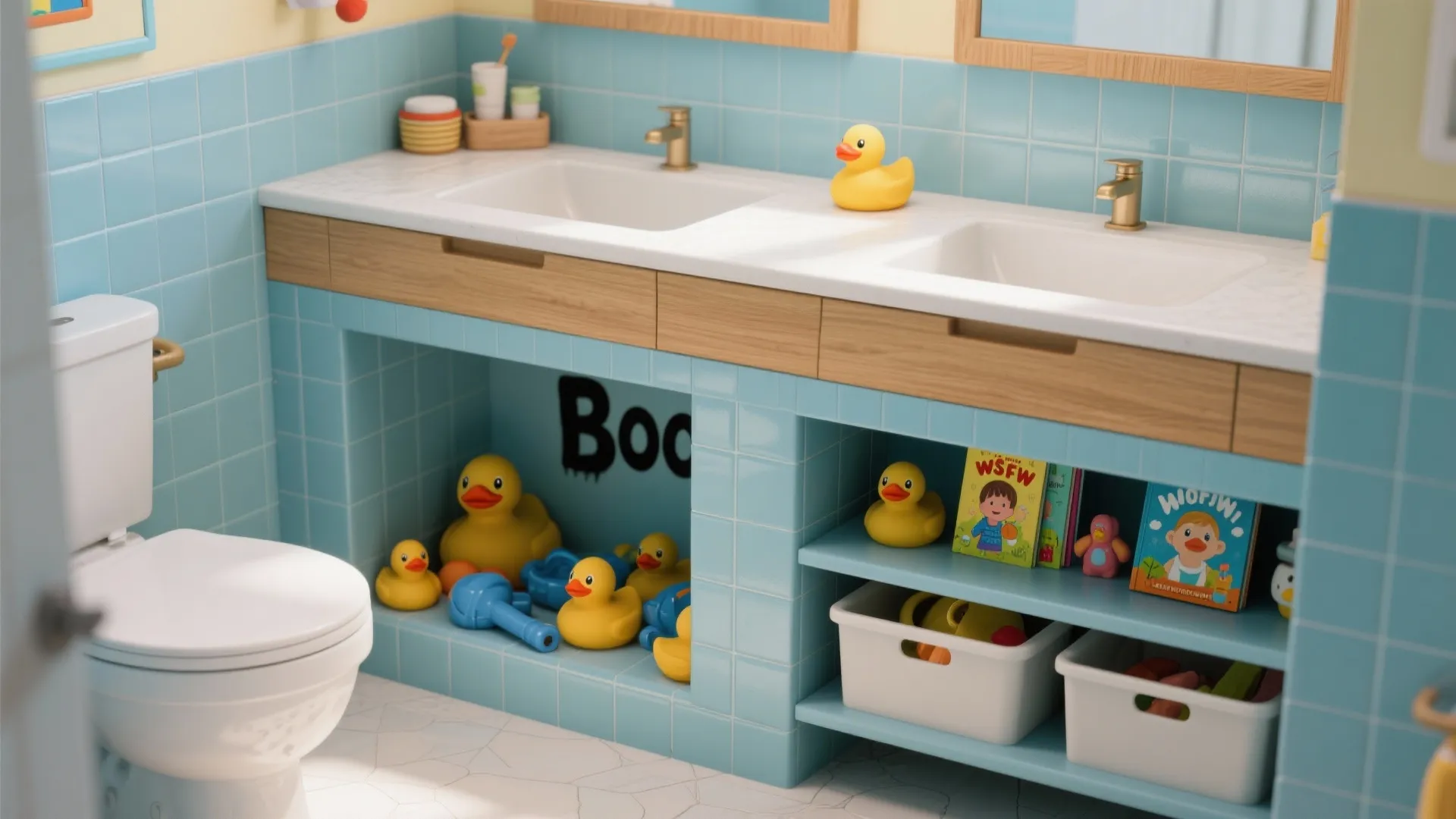 3. Boo’s nook: built-in kid storage and bathtub play station