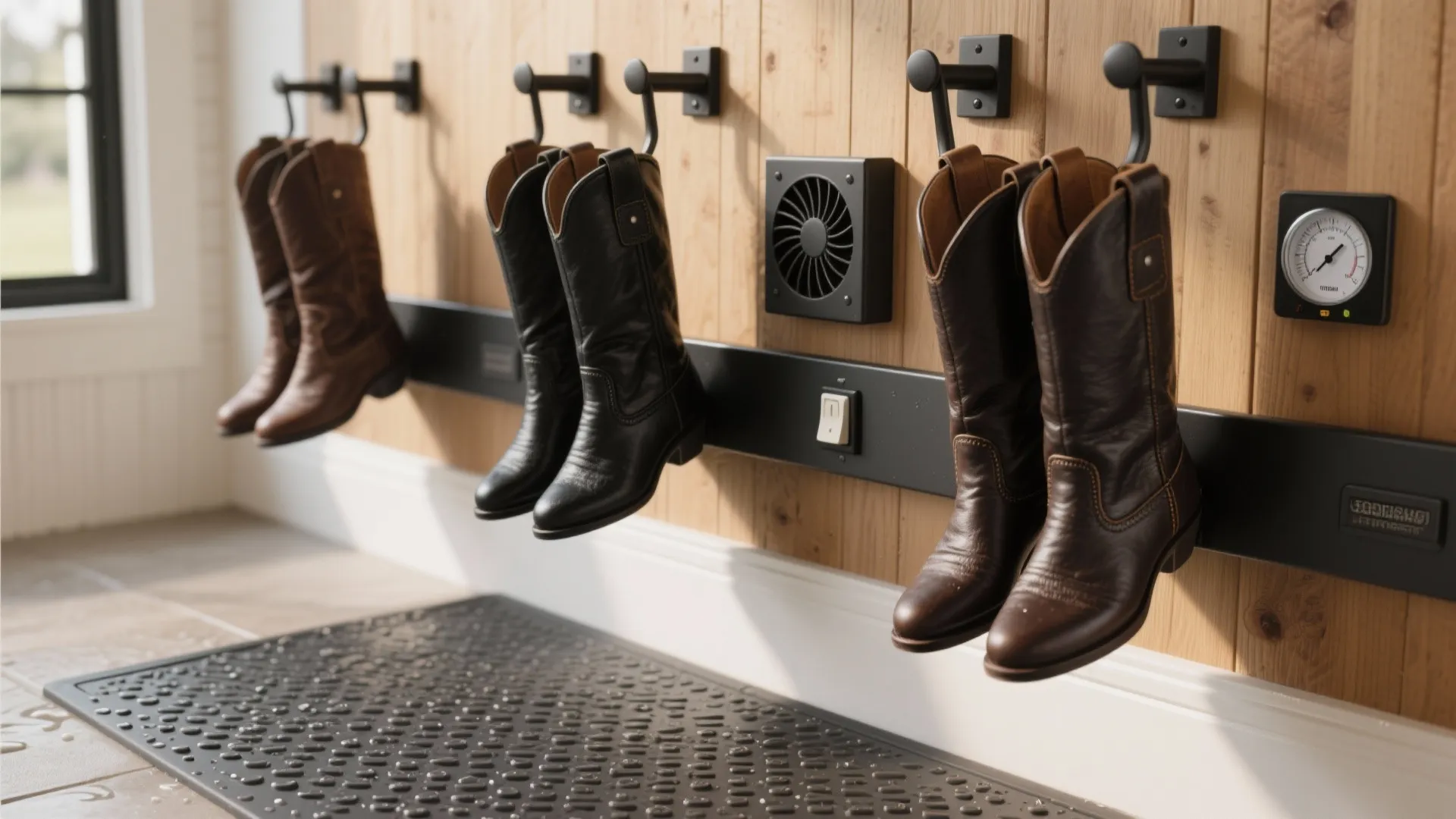 Ventilated boot-drying wall with moisture control