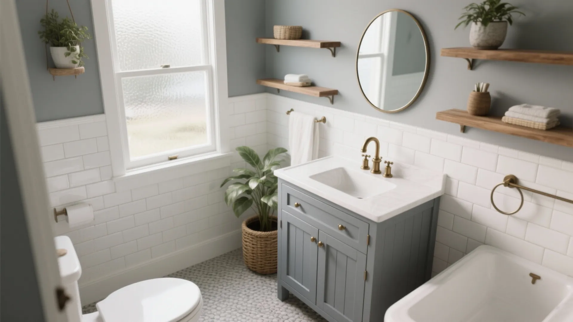 Blue vanity white sink gold faucet round mirror wooden shelves and white wall tiles in bathroom