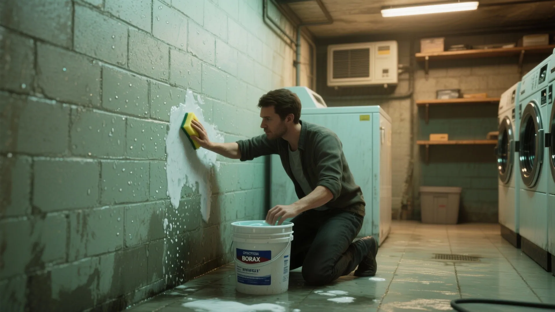 A man using a sponge to clean a brick wall in a basement laundry room