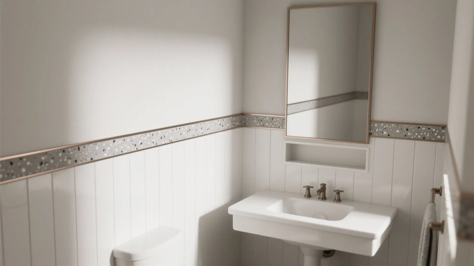 Bathroom interior with white wall panels a white sink a mirror and decorative stone borders