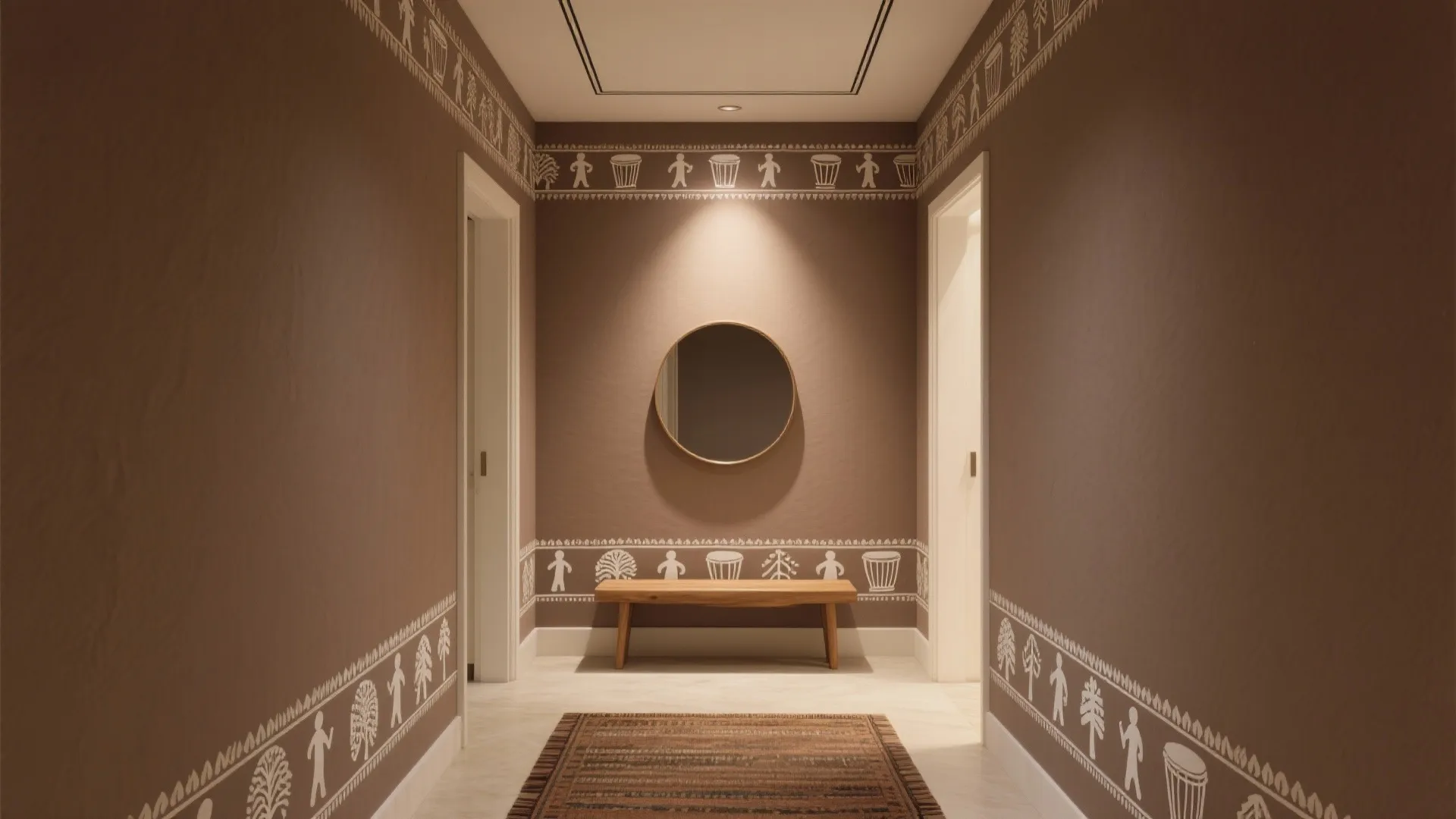 Brown hallway with tribal wall patterns a round mirror wooden bench rug and warm ceiling light