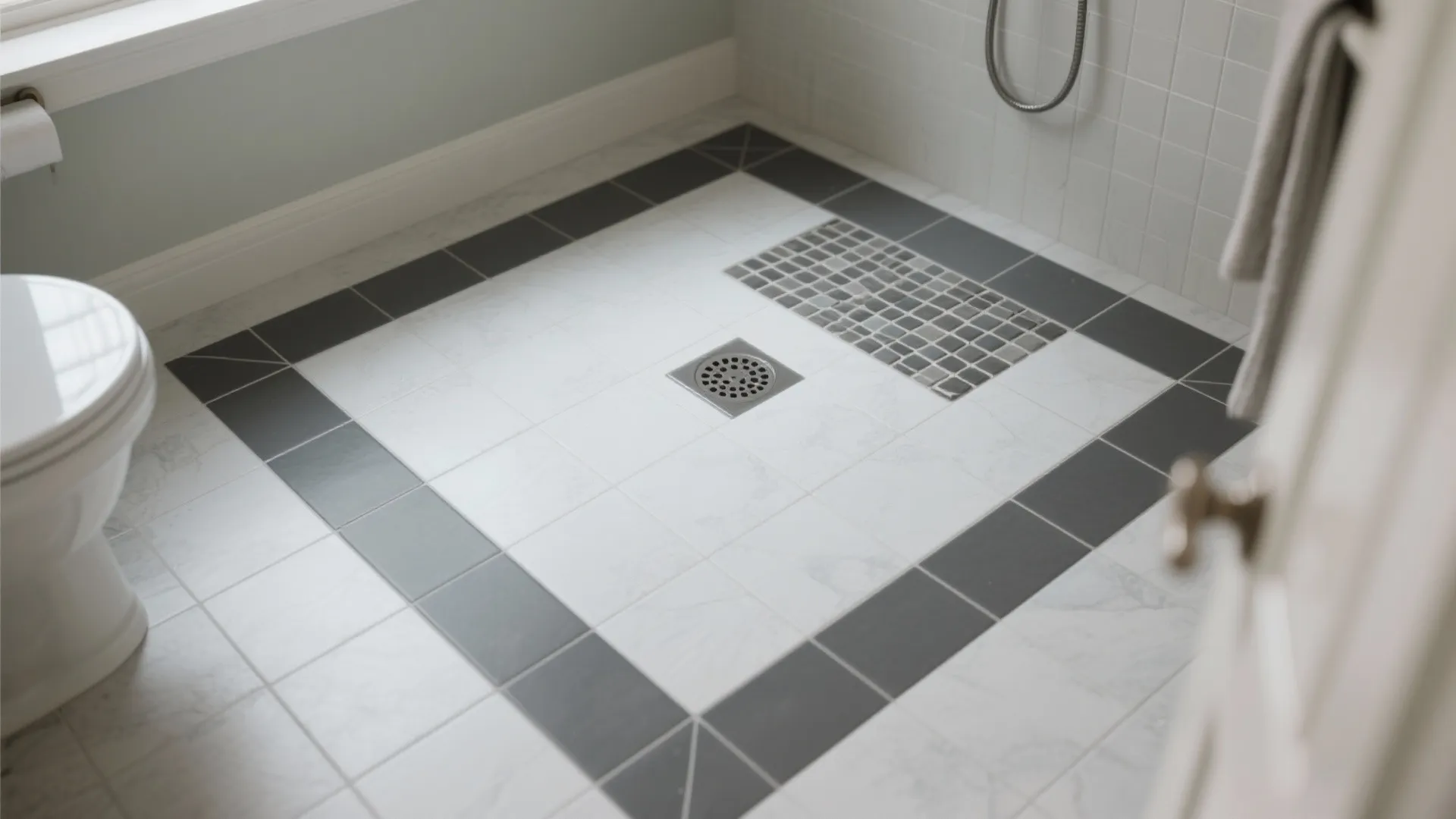 Bathroom floor with white square tiles and a grey border next to a white toilet