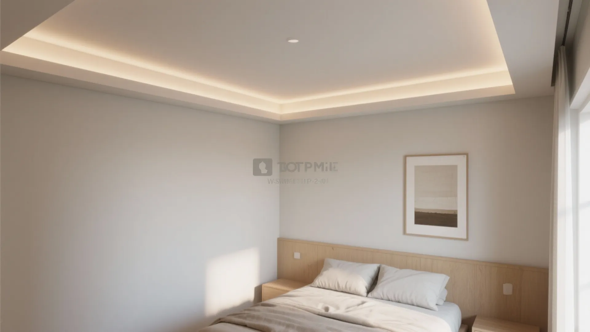 Modern bedroom with warm ceiling light hidden in a tray ceiling above a wooden bed