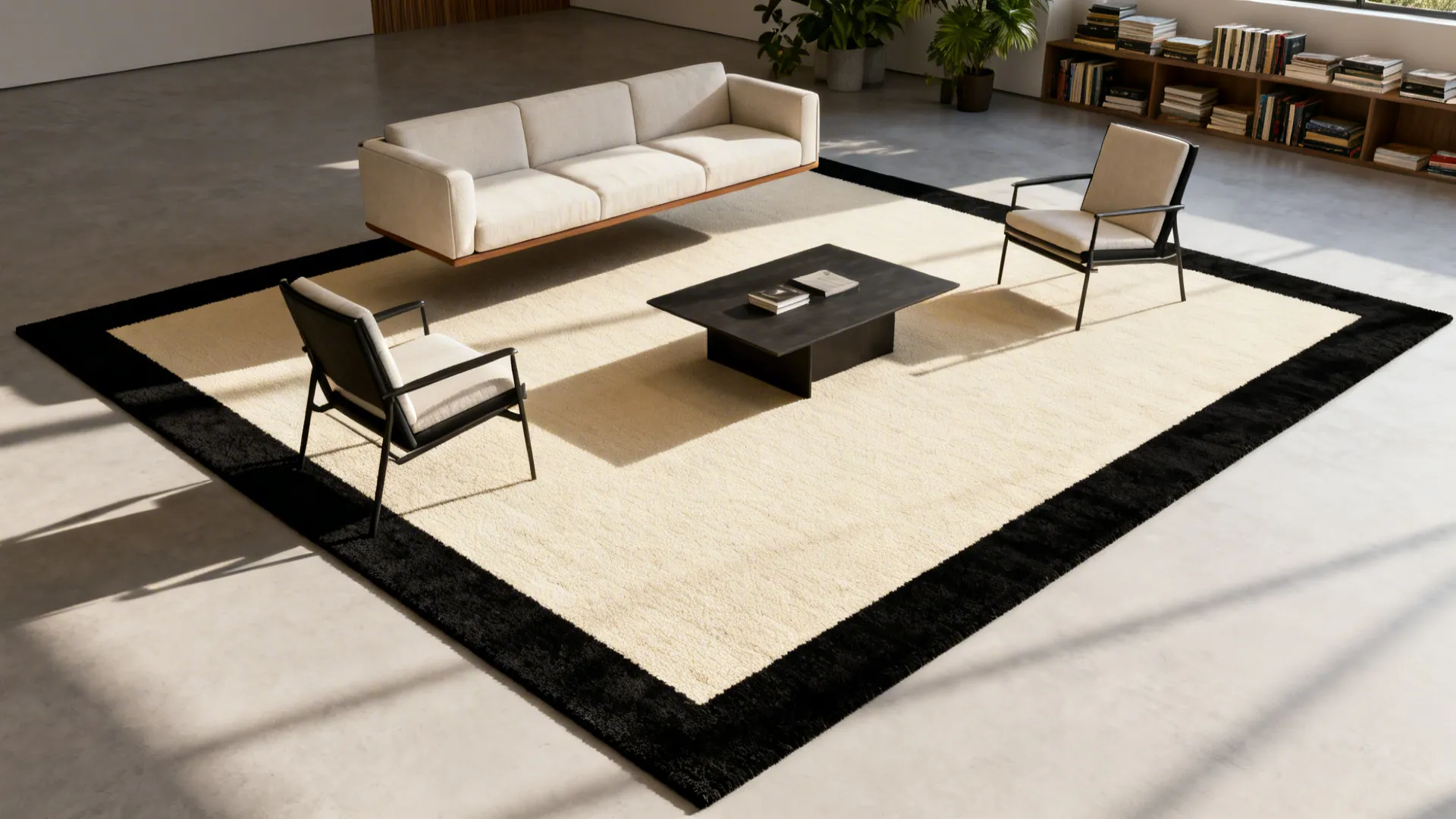 Seating area defined by a cream rug with a black border, visually expanding the floor plane.