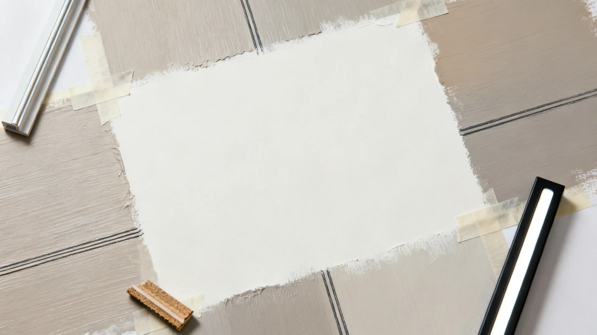 Flat lay of matte and eggshell paint swatches, fine-line tape, and slim trim samples.