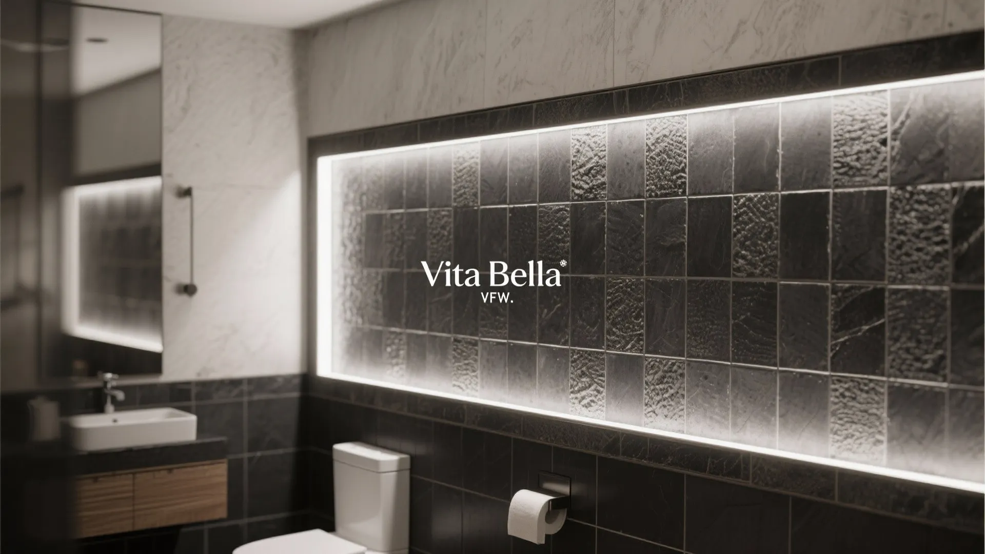 Modern bathroom with black textured wall tiles lighted frame white toilet and small white sink