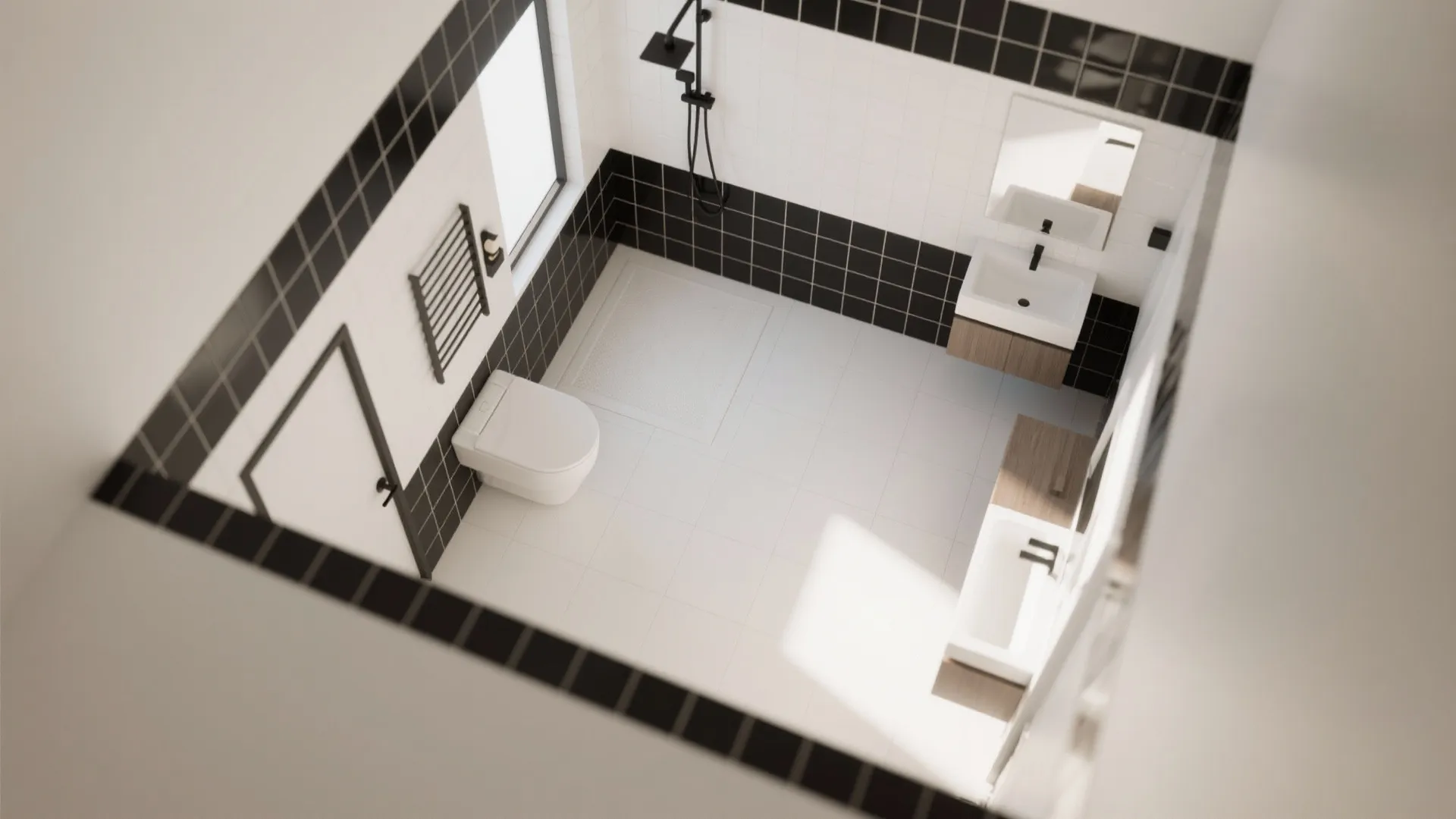 Modern bathroom interior design drawing with black and white tiles plus a white toilet seat