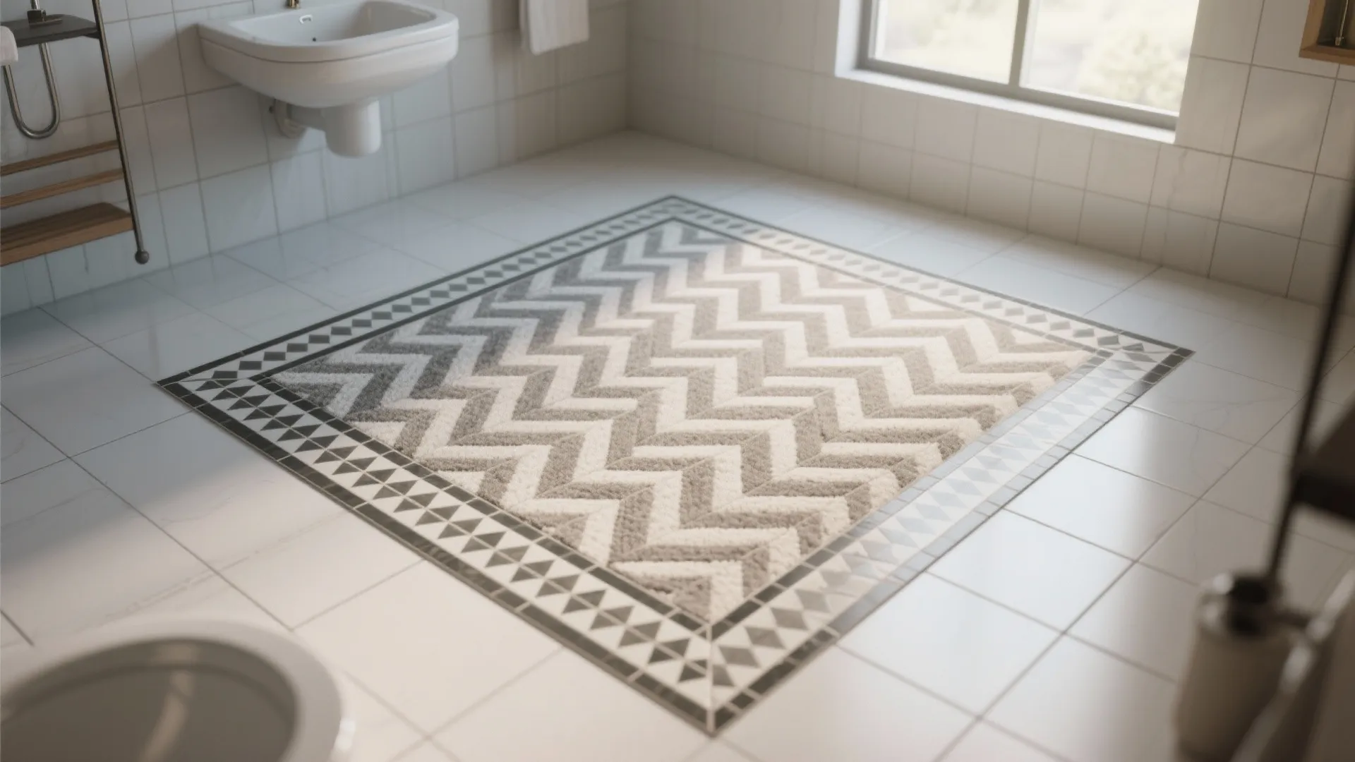 A bathroom floor with a grey and white zigzag pattern rug placed on white tiles