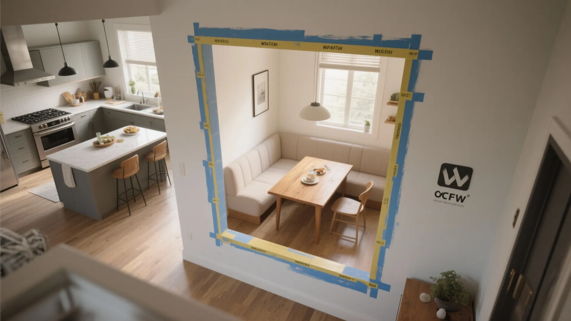 Top-down view of a kitchen floor with a painted contrasting border defining a breakfast nook.