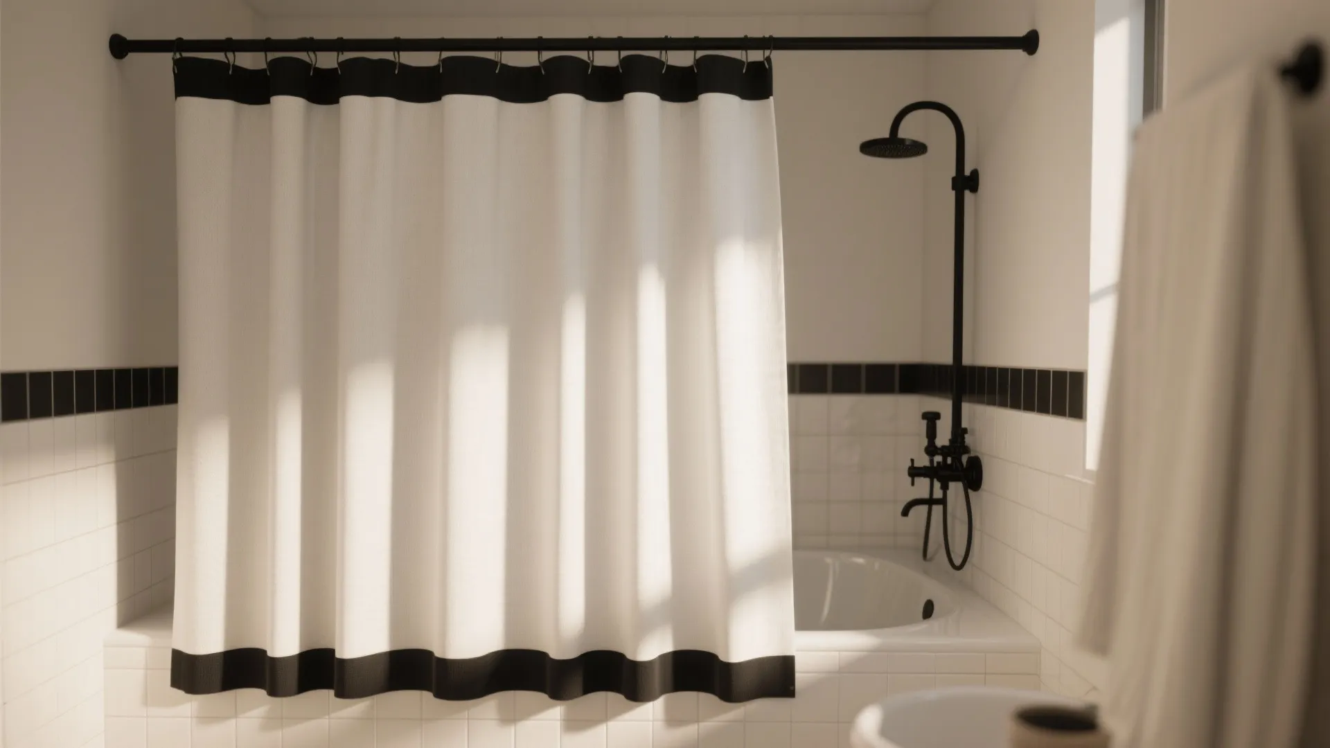 Mostly white shower curtain with bold black border framing a bathtub and black fixtures