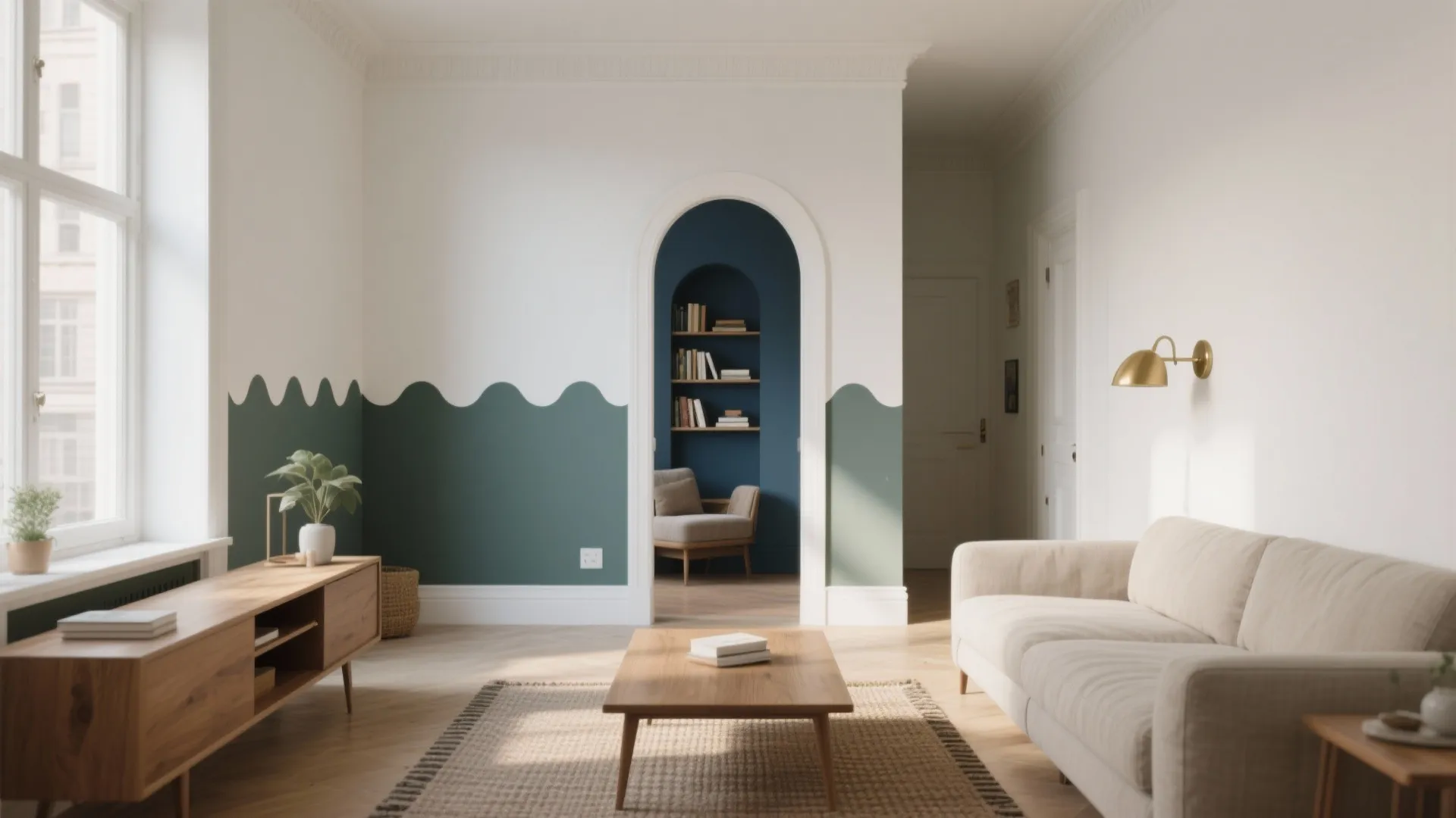 Modern living room with green wavy wall paint, beige sofa, wooden table, and arched doorway