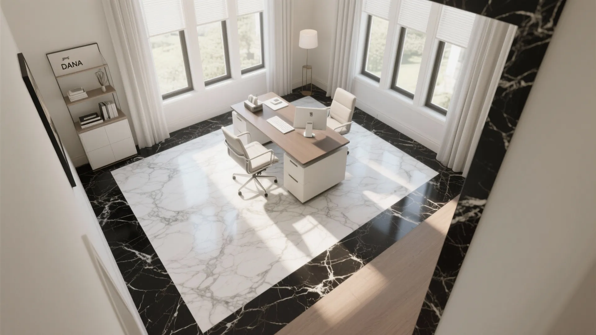 Home office with wood desk white chairs and black and white marble floor inlay design