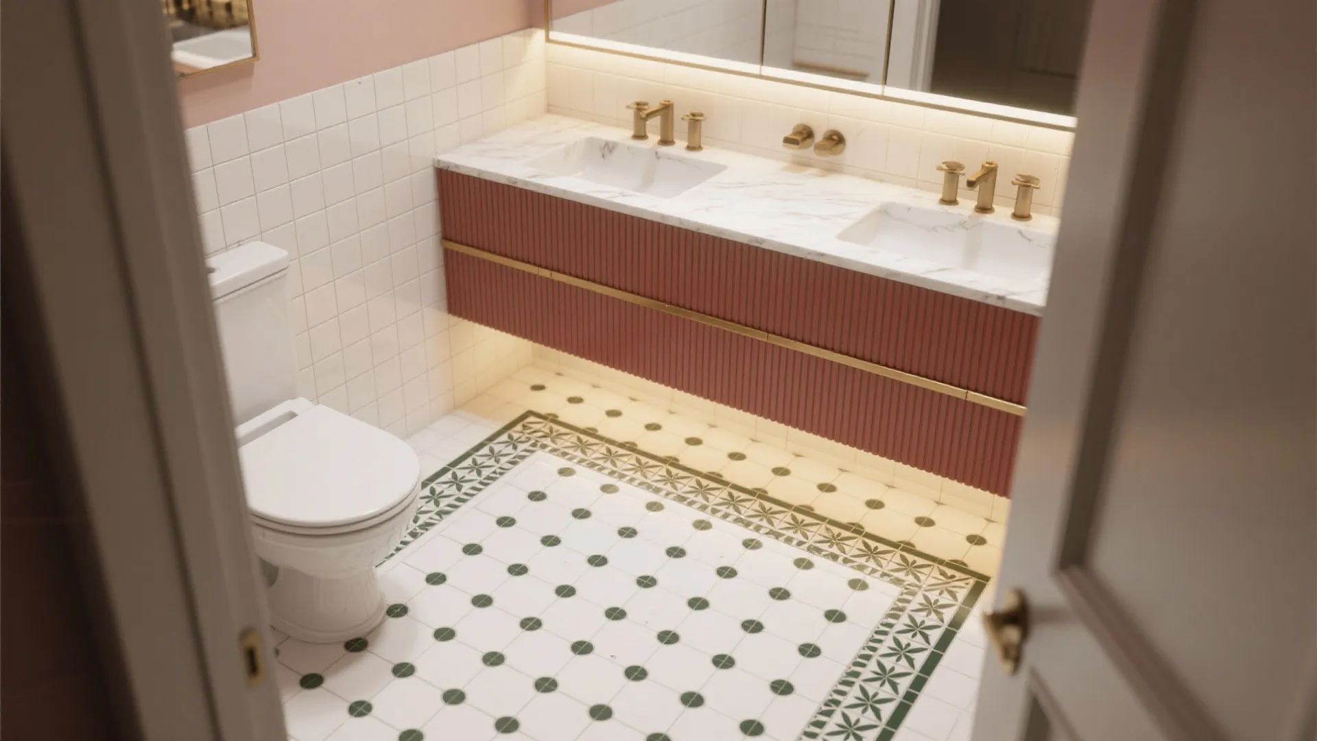 Modern bathroom with pink wall panels white toilet double sink cabinet and green patterned floor tiles