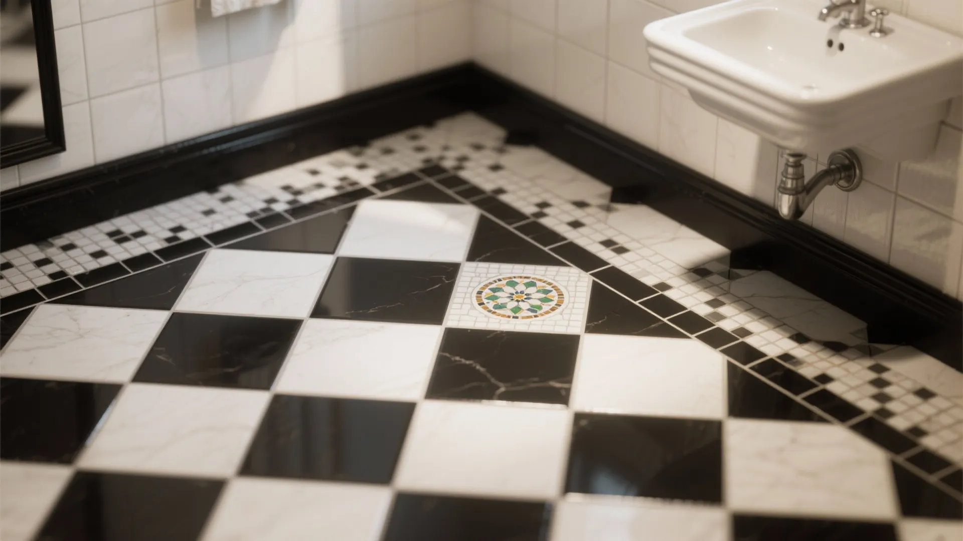 Bathroom floor with black and white tiles featuring a colorful floral pattern in the center area