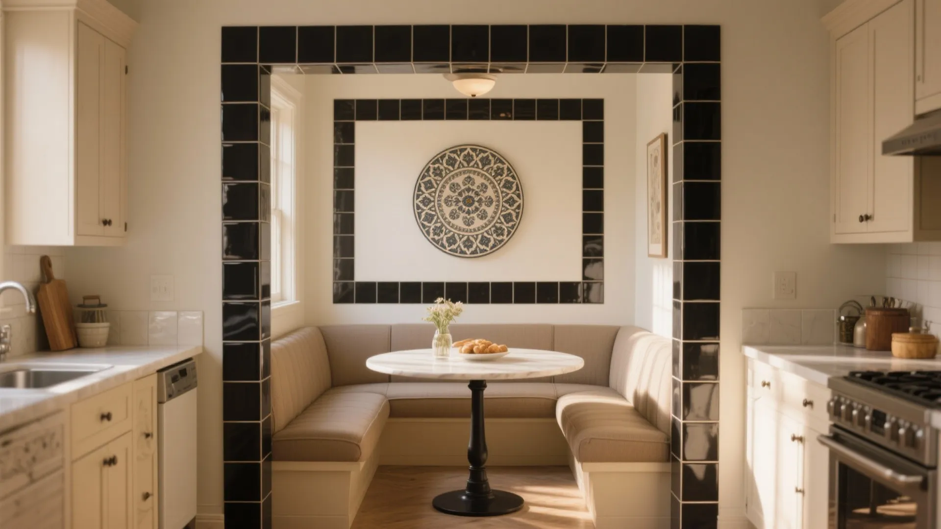 Kitchen breakfast nook defined by a black tile border and inset patterned medallion