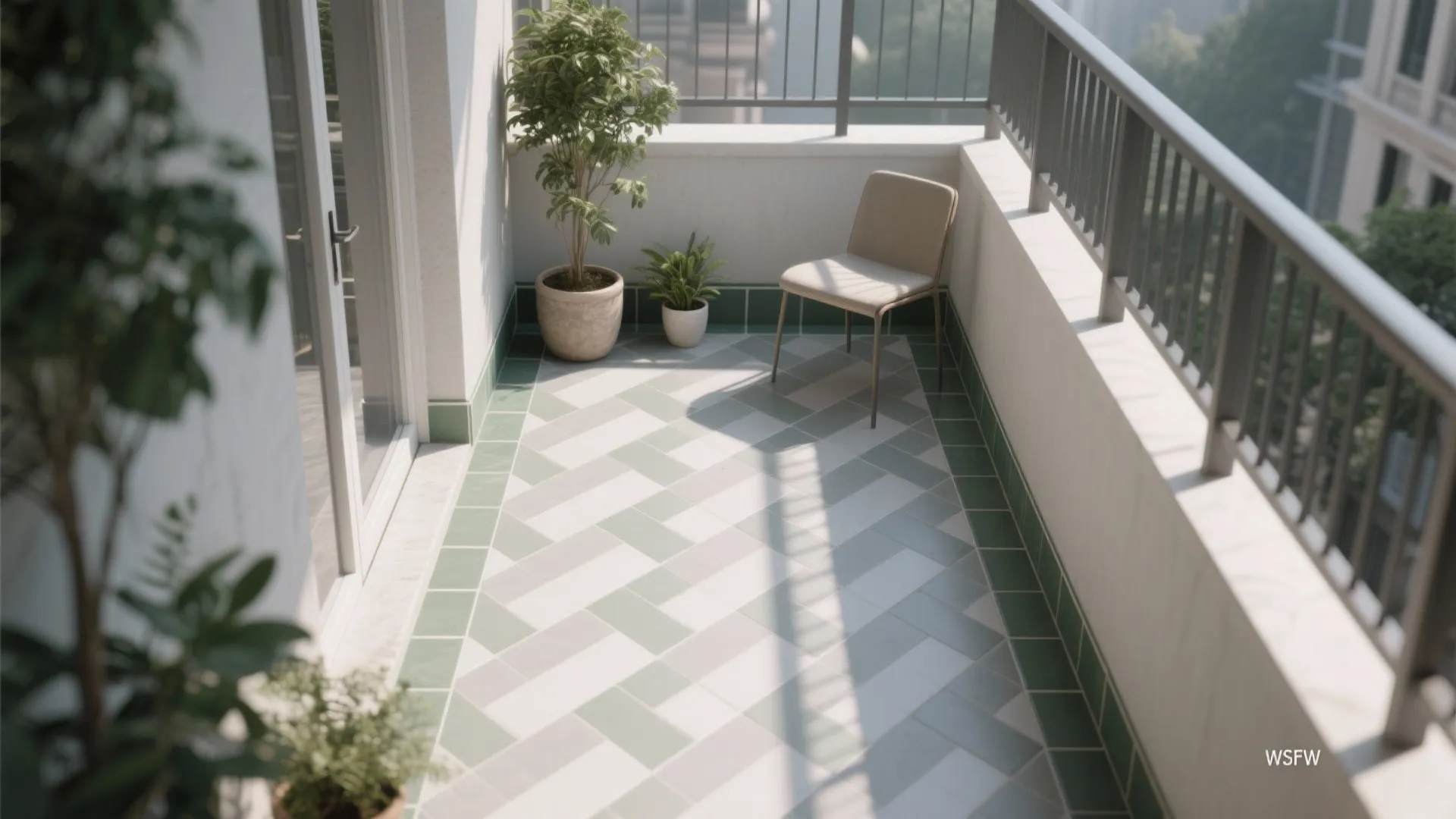 Narrow balcony with green and white patterned floor tiles a single chair and potted plant