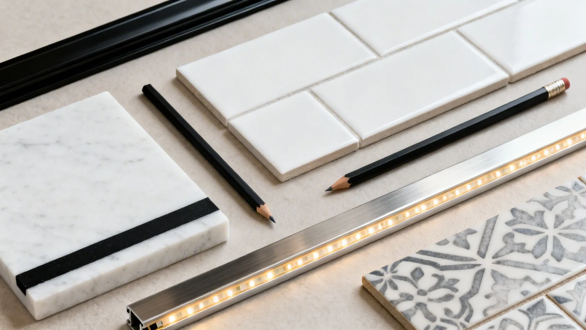 Flat lay of metal trims, pencil liner, white tile, quartz with black band, floor transition profile, patterned tile, and LED channel.