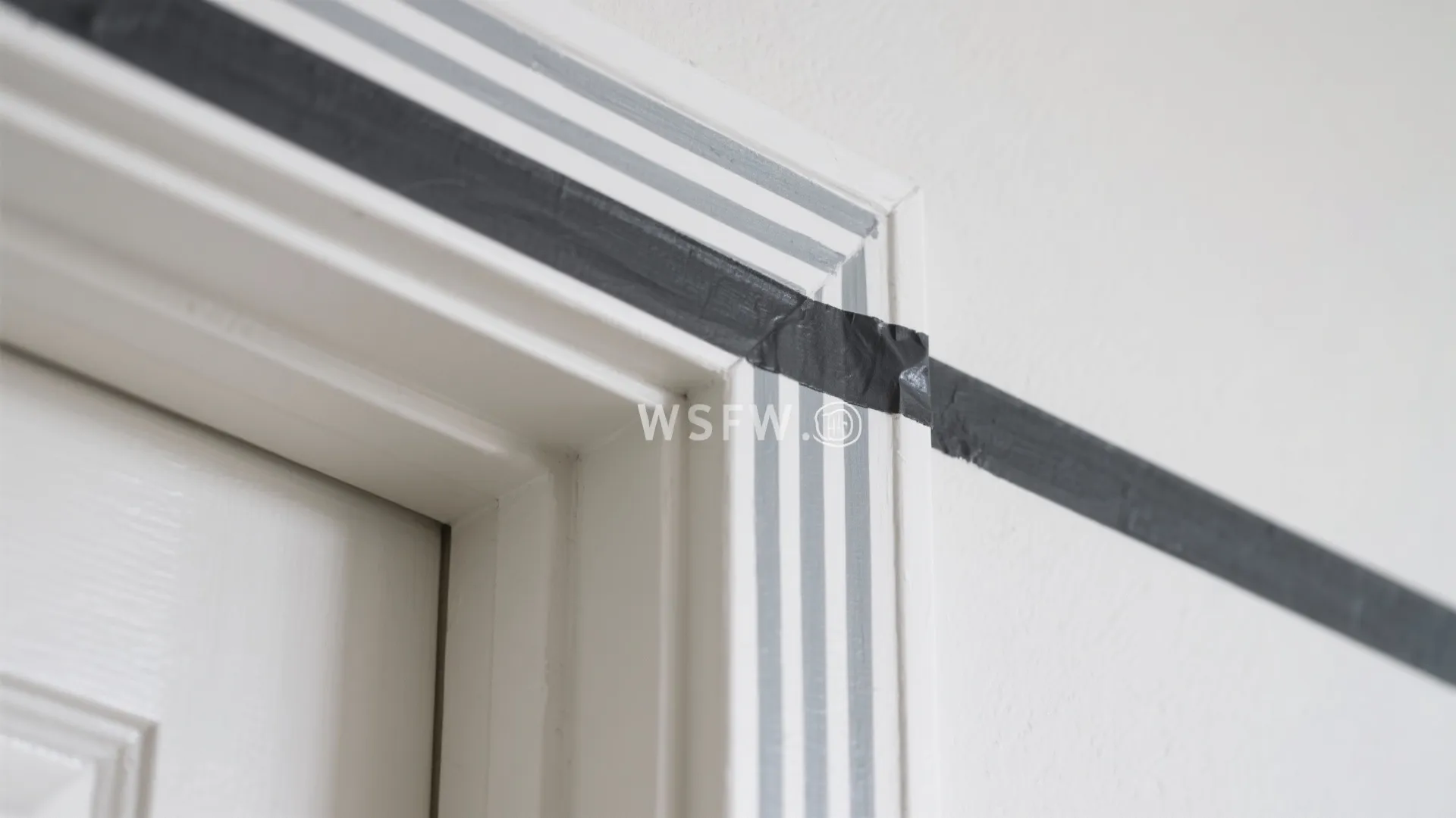 Close up of black tape applied on white door frame and wall for painting project design