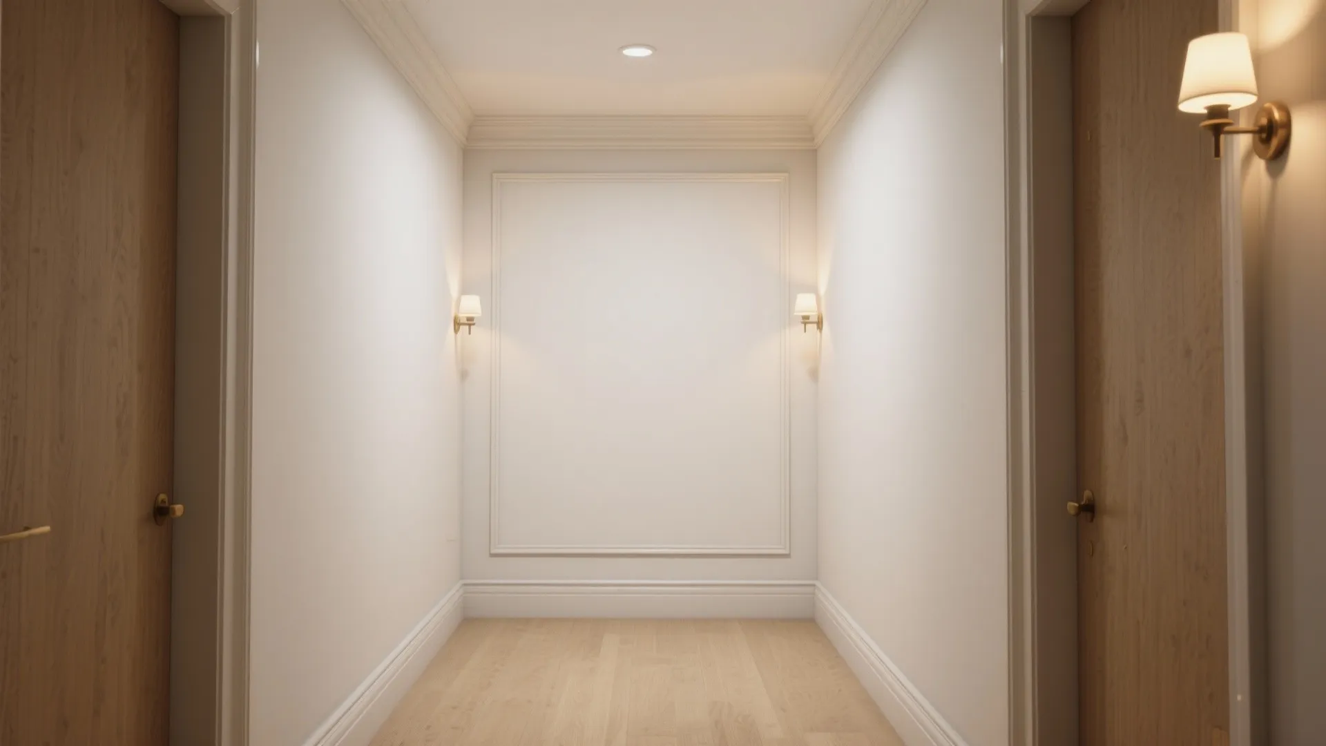 Elegant white hallway featuring decorative wall panel designs with golden wall lights and light wood floor