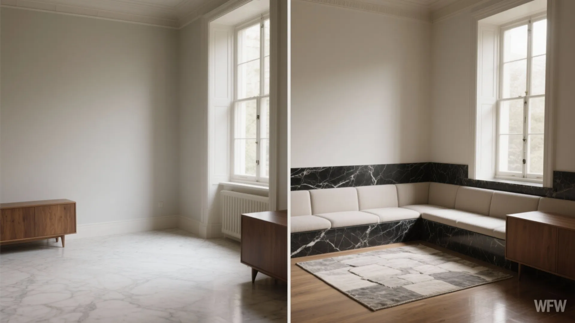 Before and after comparison showing an empty room transformed with a rug and corner sofa