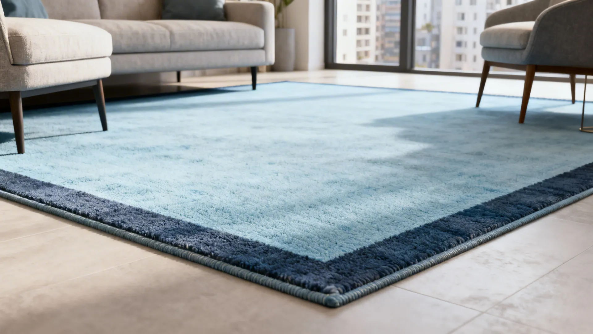 Light blue rug with dark blue border on floor near grey sofa and modern chair