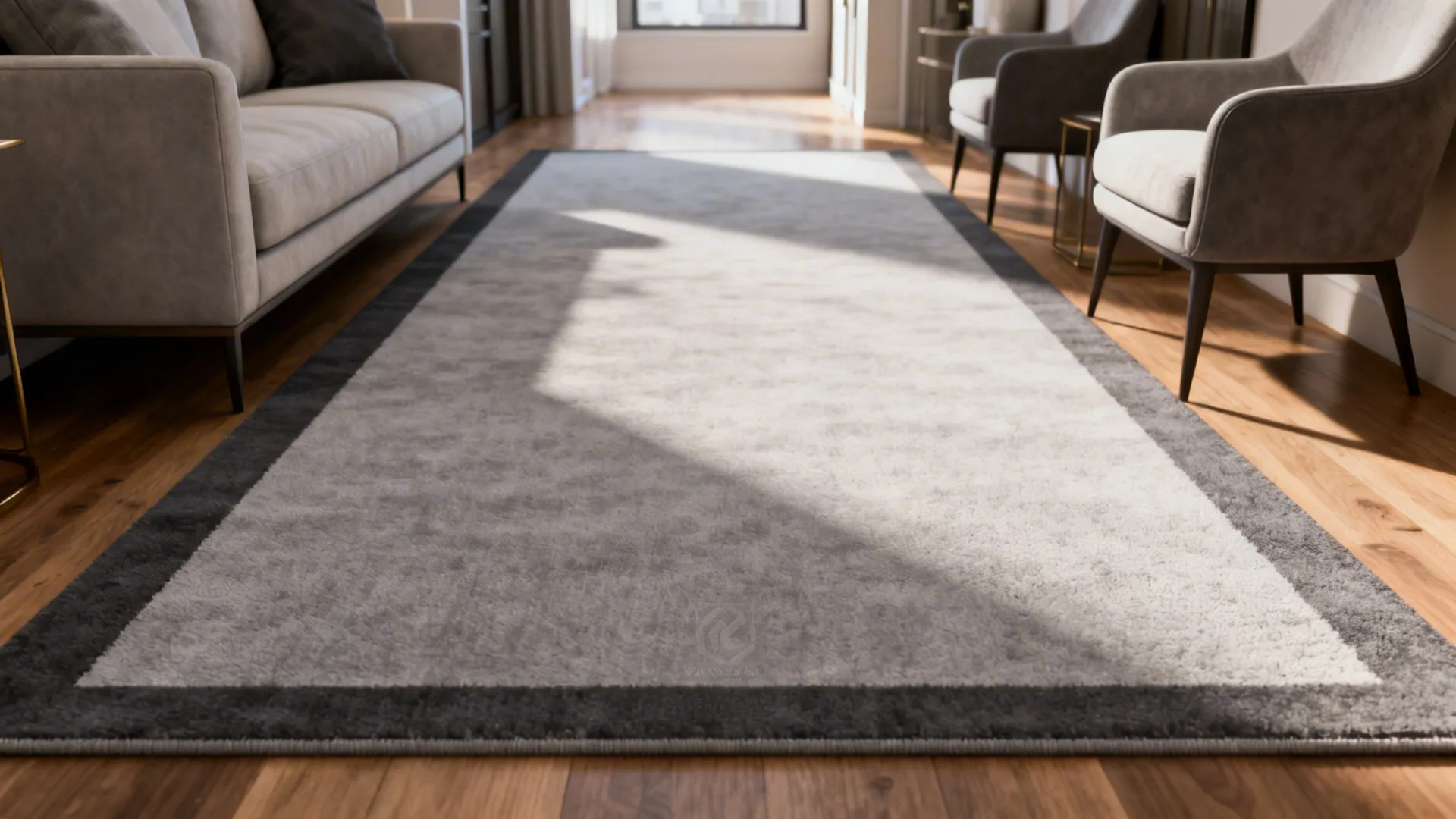 Narrow apartment with a light grey rug featuring a darker border framing the seating area to widen space.