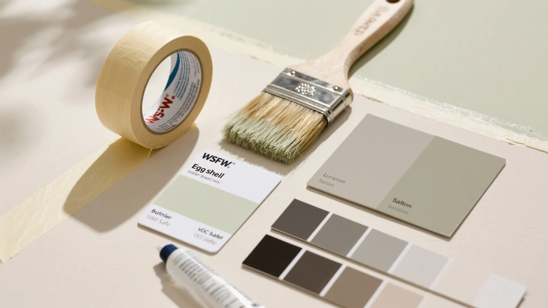 Home renovation tools flat lay with paint brush and masking tape and colored paper samples