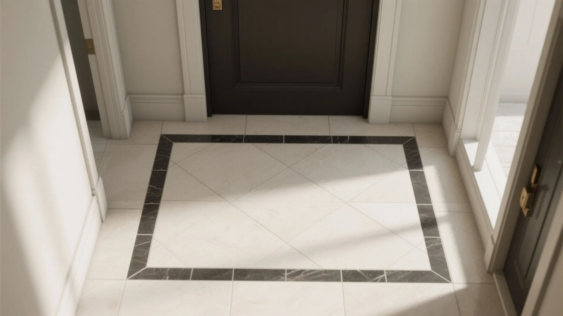 Entrance floor with cream tiles and black marble border design next to a dark door