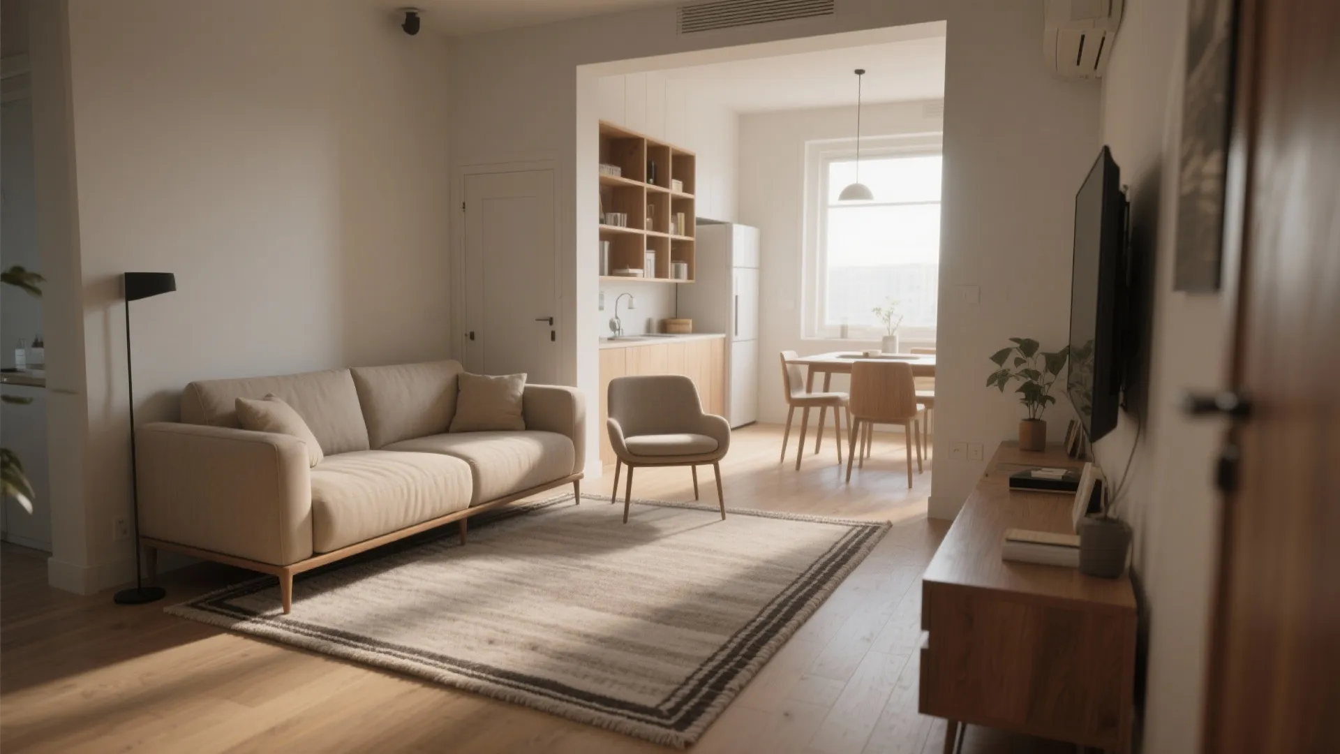 Modern apartment interior design drawing showing living room with sofa dining table and kitchen cabinets