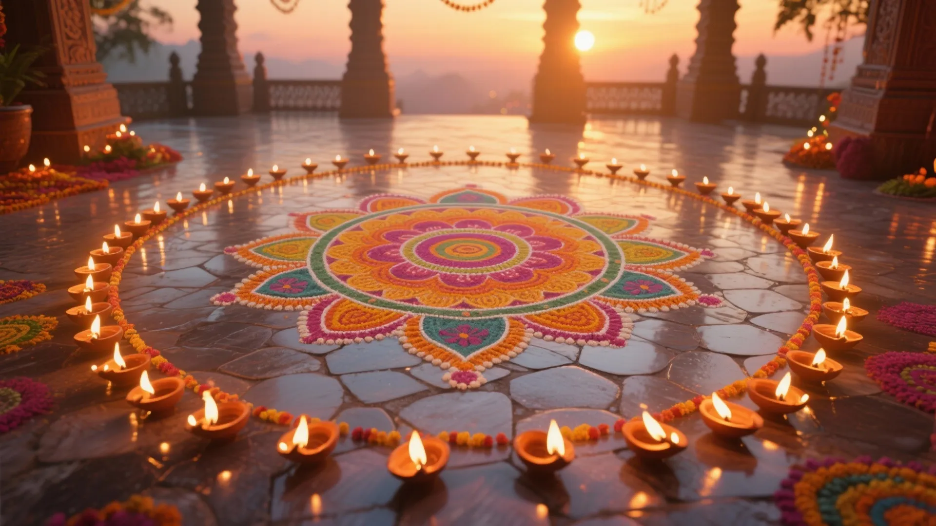 Bordered Rangoli with Diyas