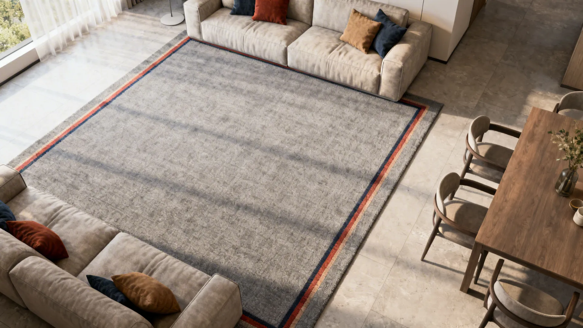 Large gray rug with red and blue borders placed between two beige sofas and dining table