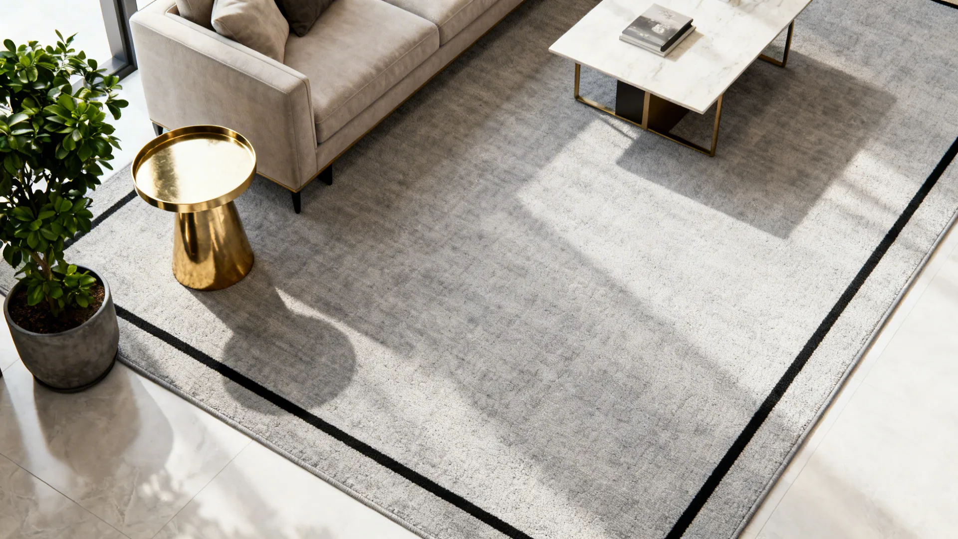 Light grey rug with thin black border framing a sofa and coffee table in a small living room.
