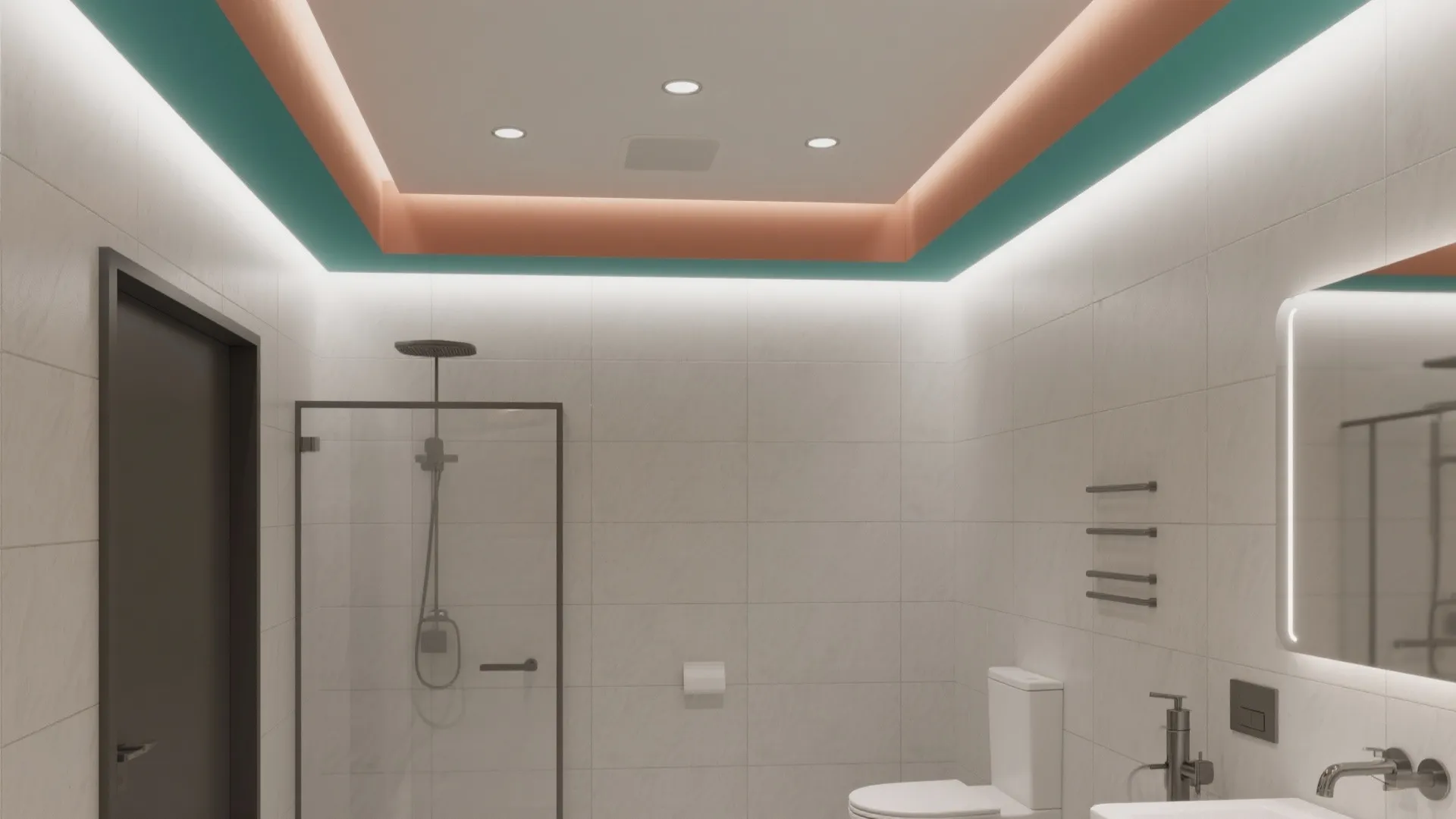 Small bathroom with colorful ceiling light panel glass shower toilet white wall tiles and mirror