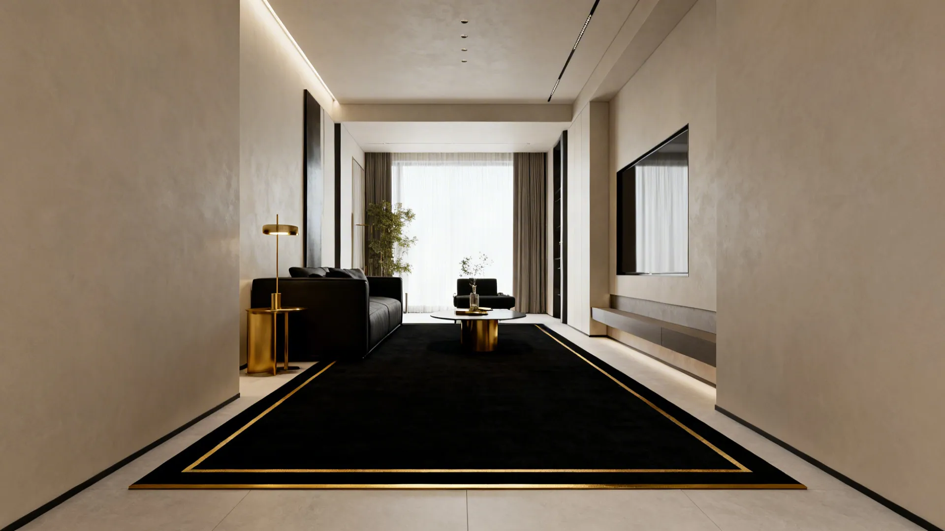 Narrow living room with a black rug edged in a slim gold border defining the seating area.