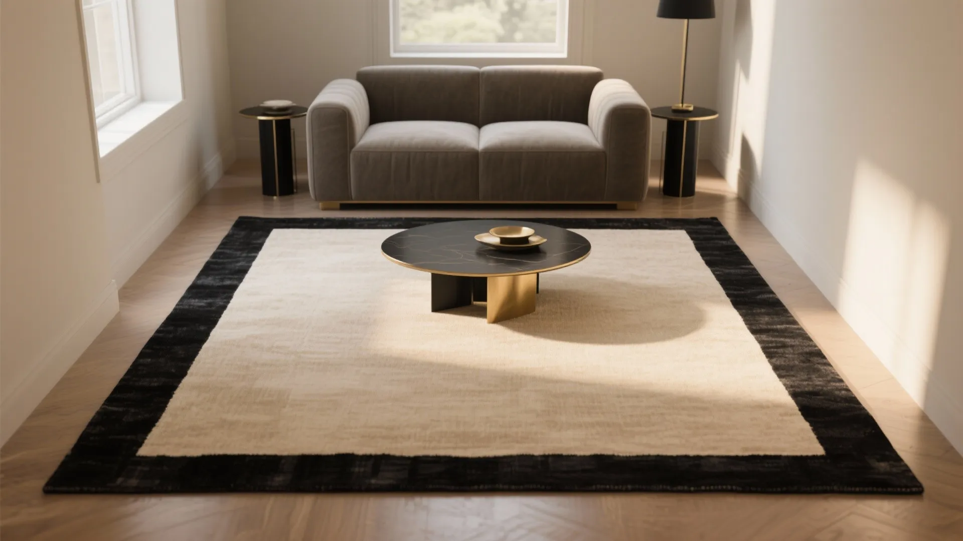 3. Pick a bordered black-and-beige rug to frame seating