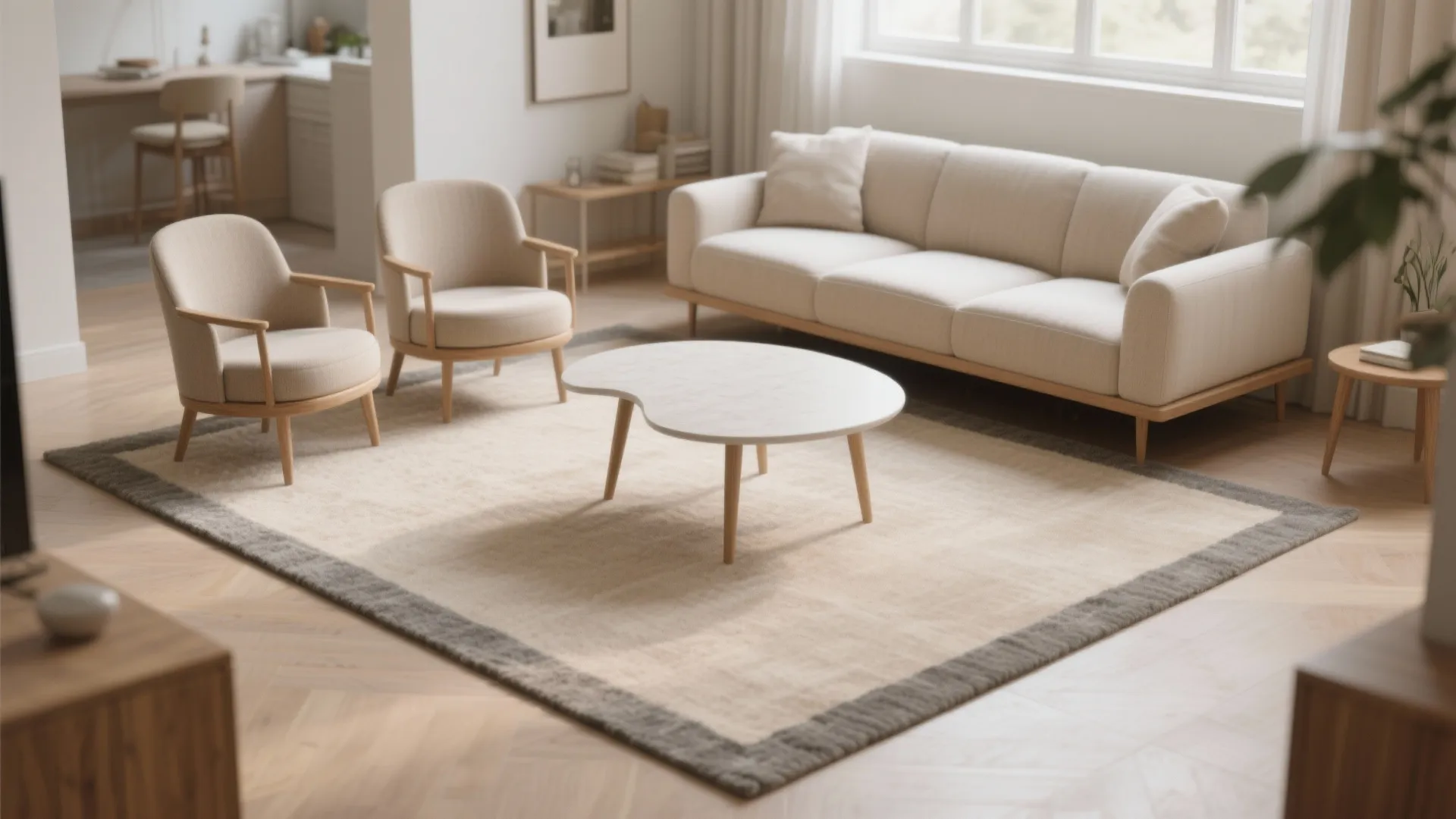 Modern living room featuring cream sofa two chairs white coffee table and large bordered rug