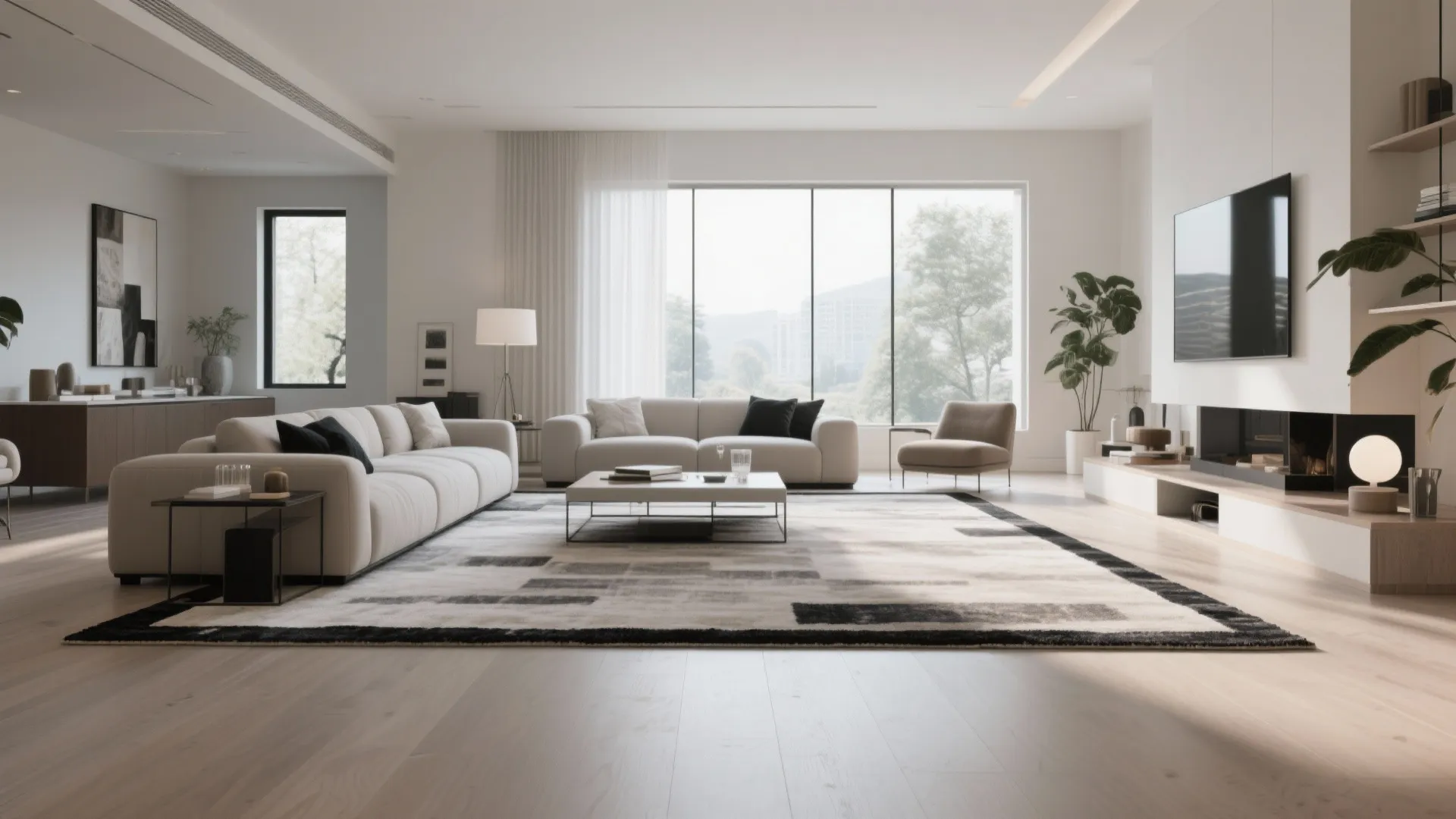 Multipurpose room with bordered rug defining seating zone