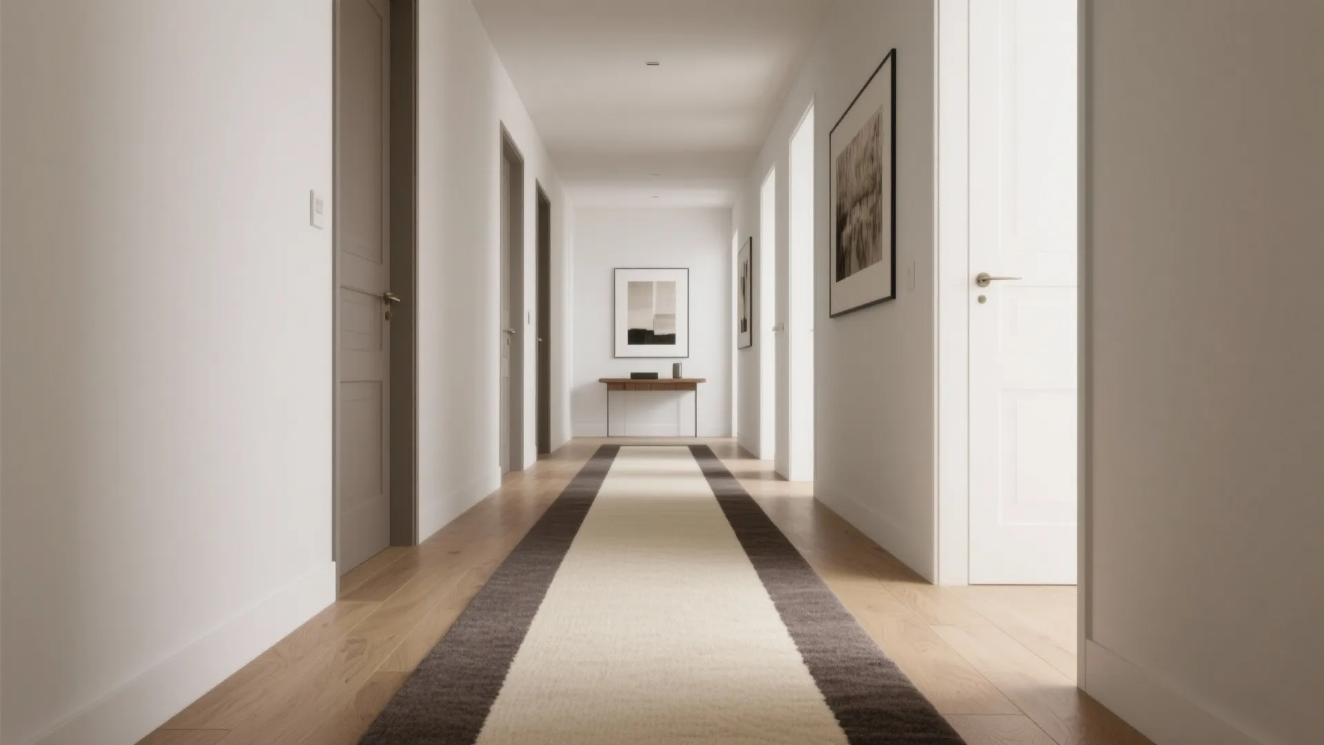 Color-blocking and bordered rugs to zone long halls