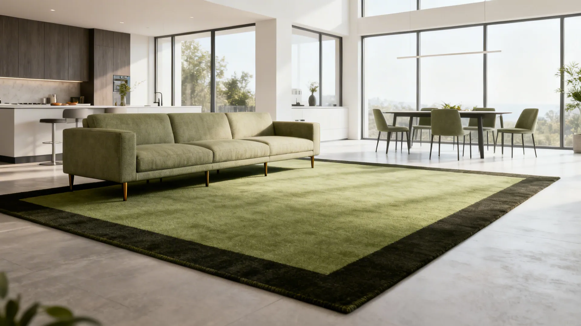 Modern open living room with green sofa placed on large green rug with dark border