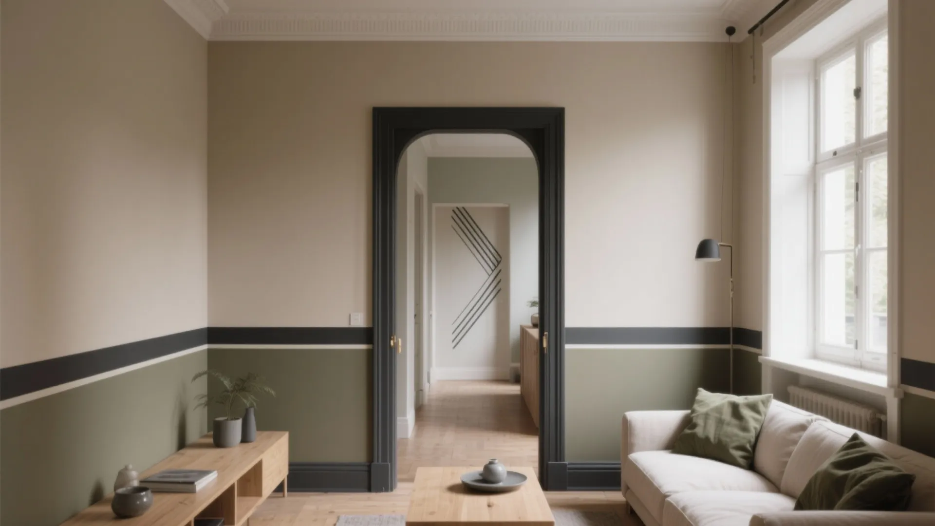 Living room with green wall panel and black stripe featuring white sofa and arched doorway