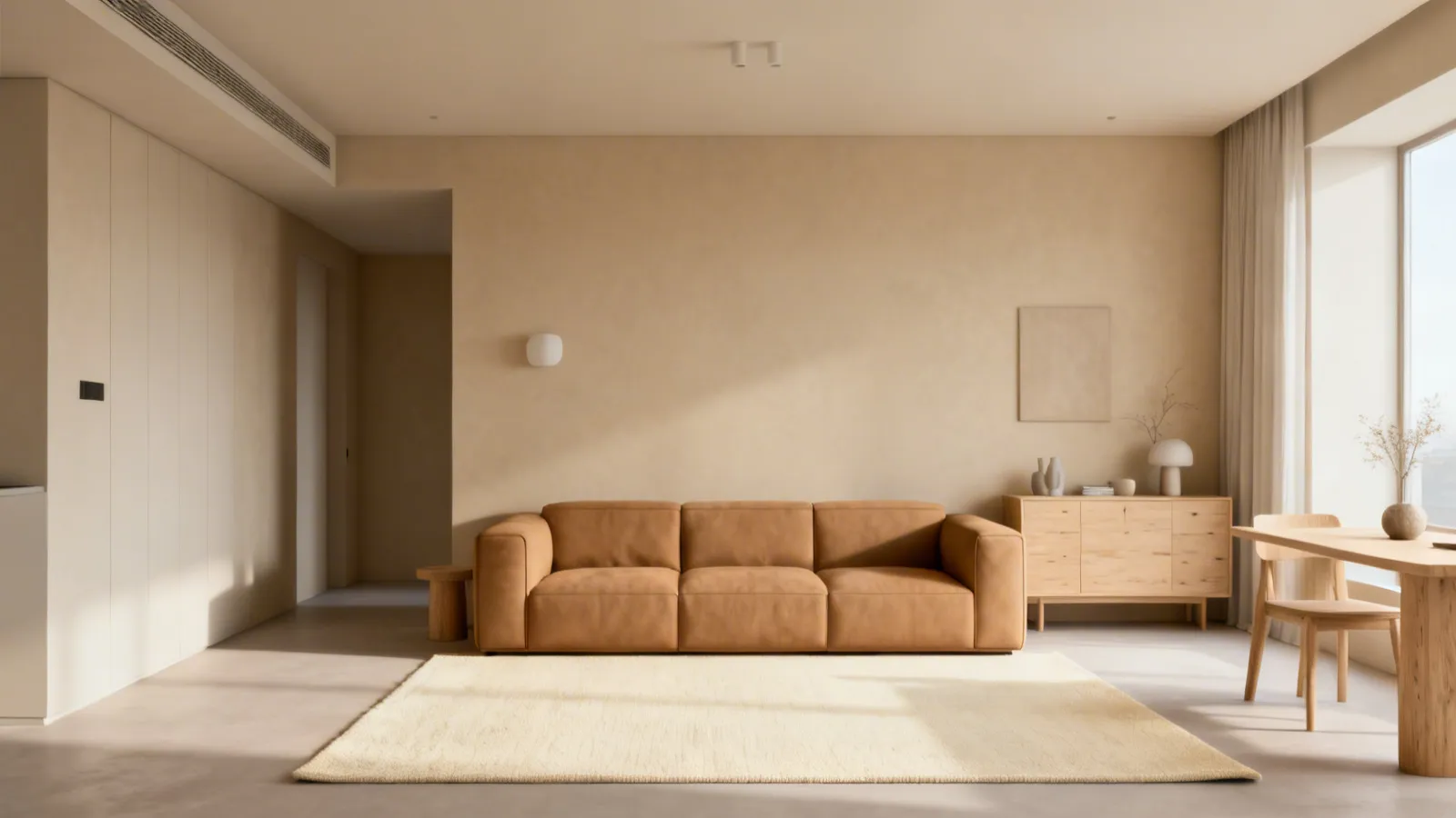 living room with tan couch and too many beige tones creating a flat look