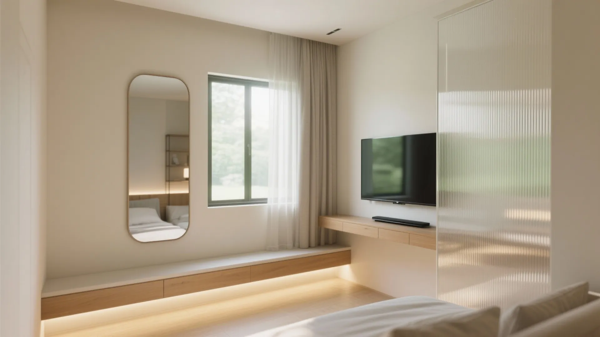 Modern bedroom featuring a wall mounted television wooden floating cabinet long mirror and neutral window curtains