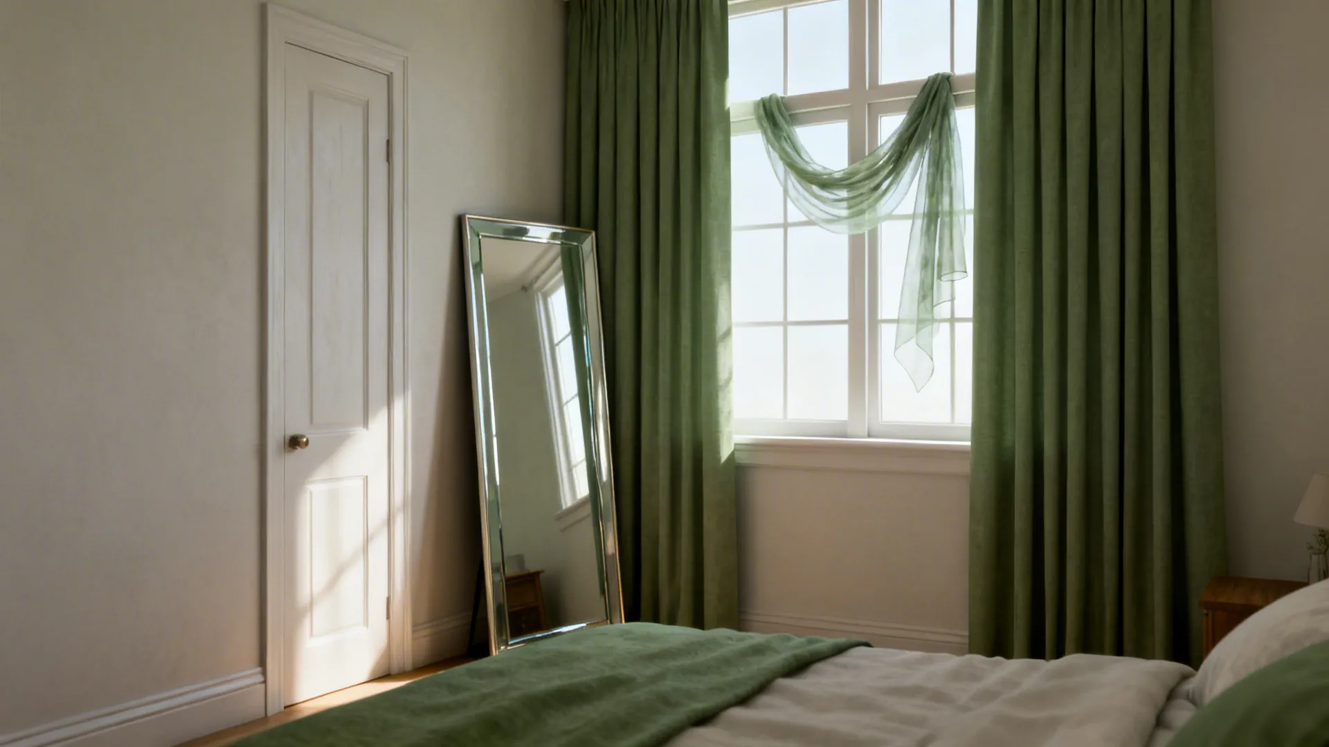 Small bedroom with mirror opposite window and curtains off glass, daylight bouncing to add depth.