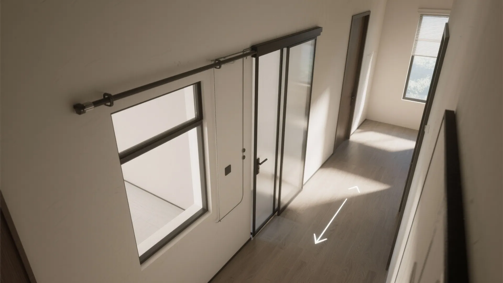 Bright hallway featuring interior window glass sliding door wooden floor and natural light from far window