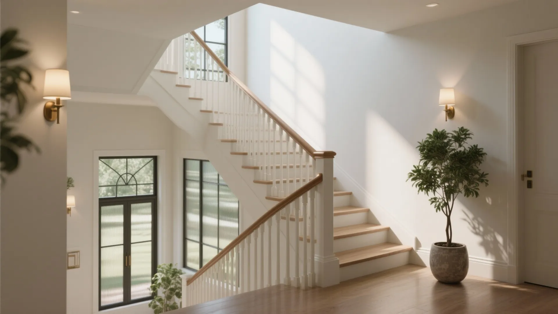Stair landing with reeded glass transoms and open balustrade that lets daylight bleed into the hallway.