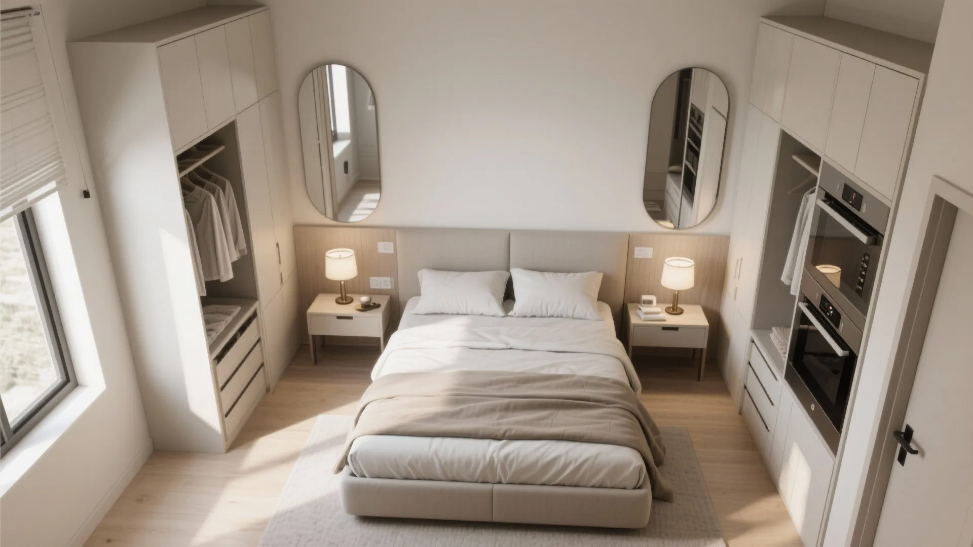 Top-down view of a bedroom layout using kitchen-inspired symmetry and organized storage to maximize space.
