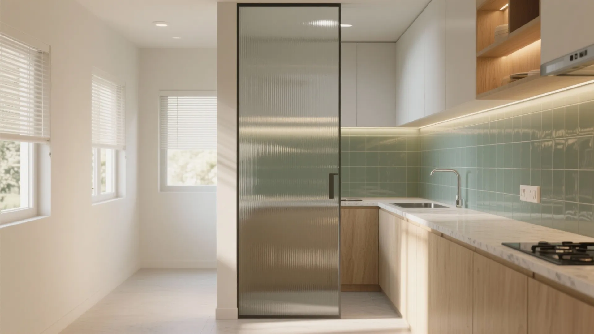 Borrowed light, glass accents, and steady ventilation