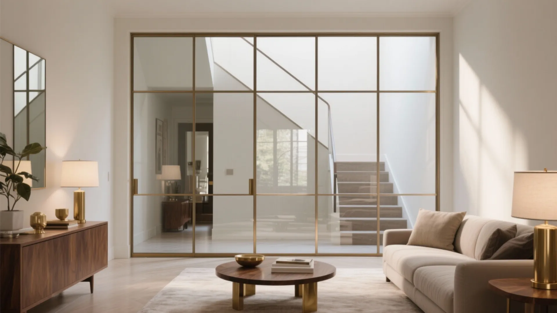 Living room view through a glass partition showing a staircase wooden table and soft sofa