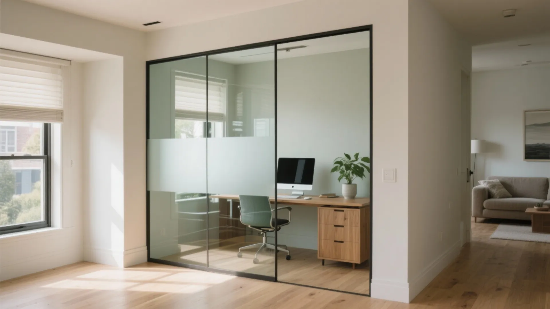 Modern home office with glass wall partition wooden desk green chair and natural light through windows